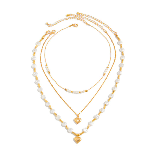 Pearl Heart Layered Necklace Set