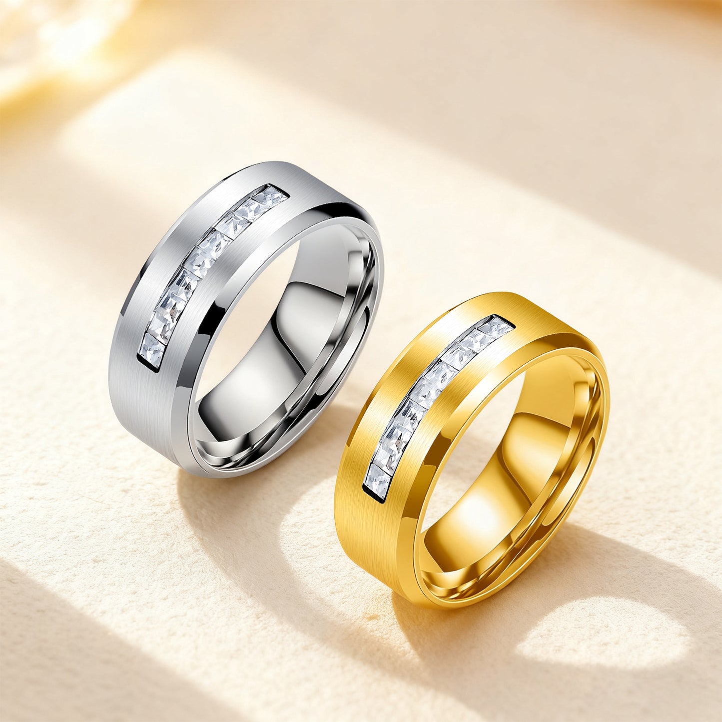 Planderful Everyday Genie 8mm Zircon Inlaid Stainless Steel Ring For Couples Unisex Gift