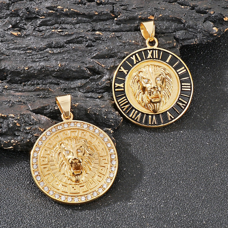 Planderful Zircon Lion Head Pendant Men Hip Hop Compass