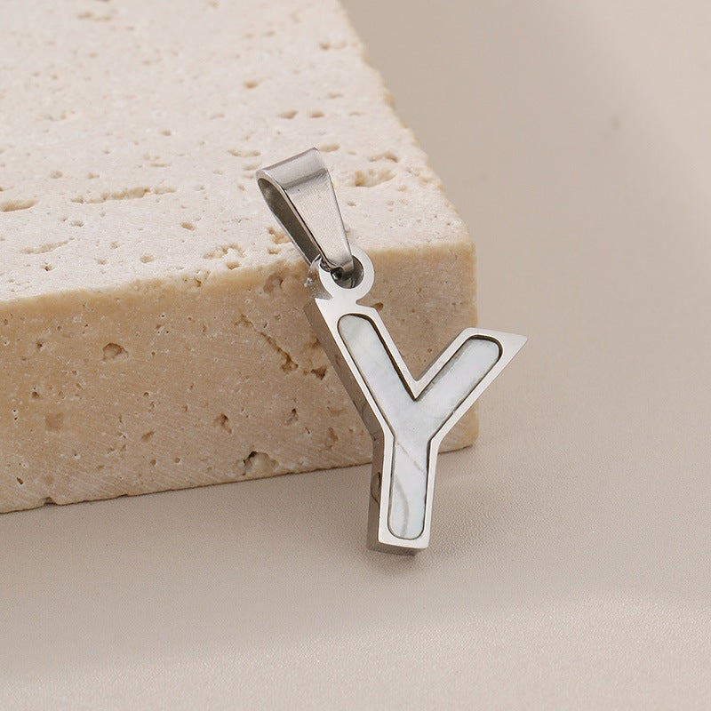 Women's'S Titanium Steel 26-Letter Pendant, White Fritillary Inlaid Stainless Steel Necklace