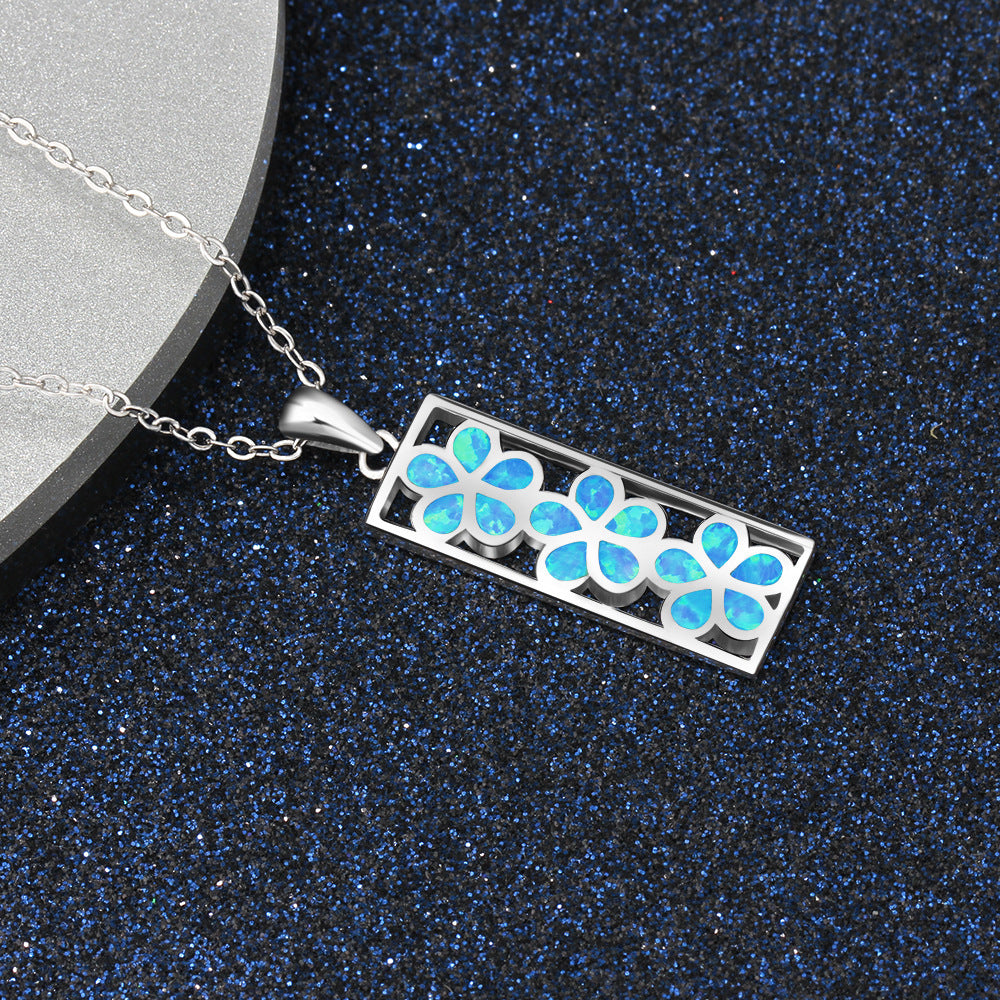 Planderful Jewelry Blue Opal Flower Hollow Rectangle Pendant Necklace In Sterling Silver For Everyday Luxury