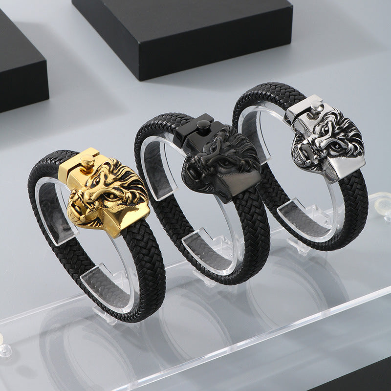 Planderful Wolf Head Leather Bracelet For Men Personalized