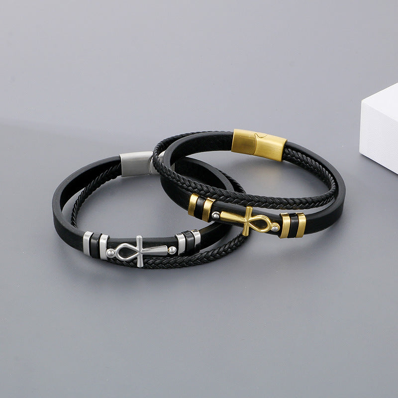 Multi-Layer Woven Leather Magnetic Buckle Stainless Steel Anka Symbol Cross Men's Bracelet