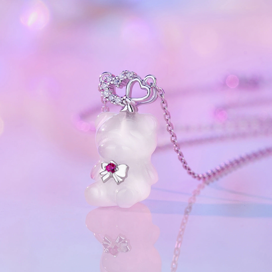 Love Sweetheart Bear S925 Sterling Silver Necklace Chalcedony Premium Clavicle Chain