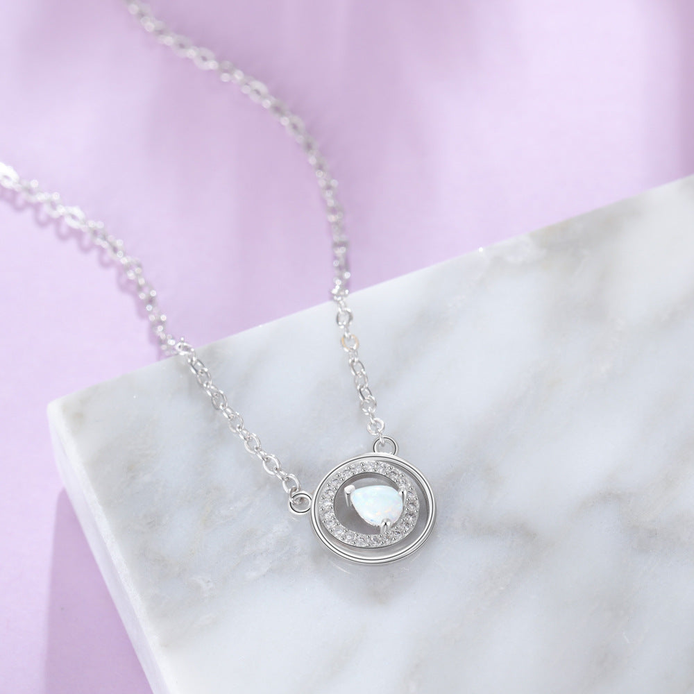 Pear Shape Opal Circular Zircon Sterling Silver Necklace