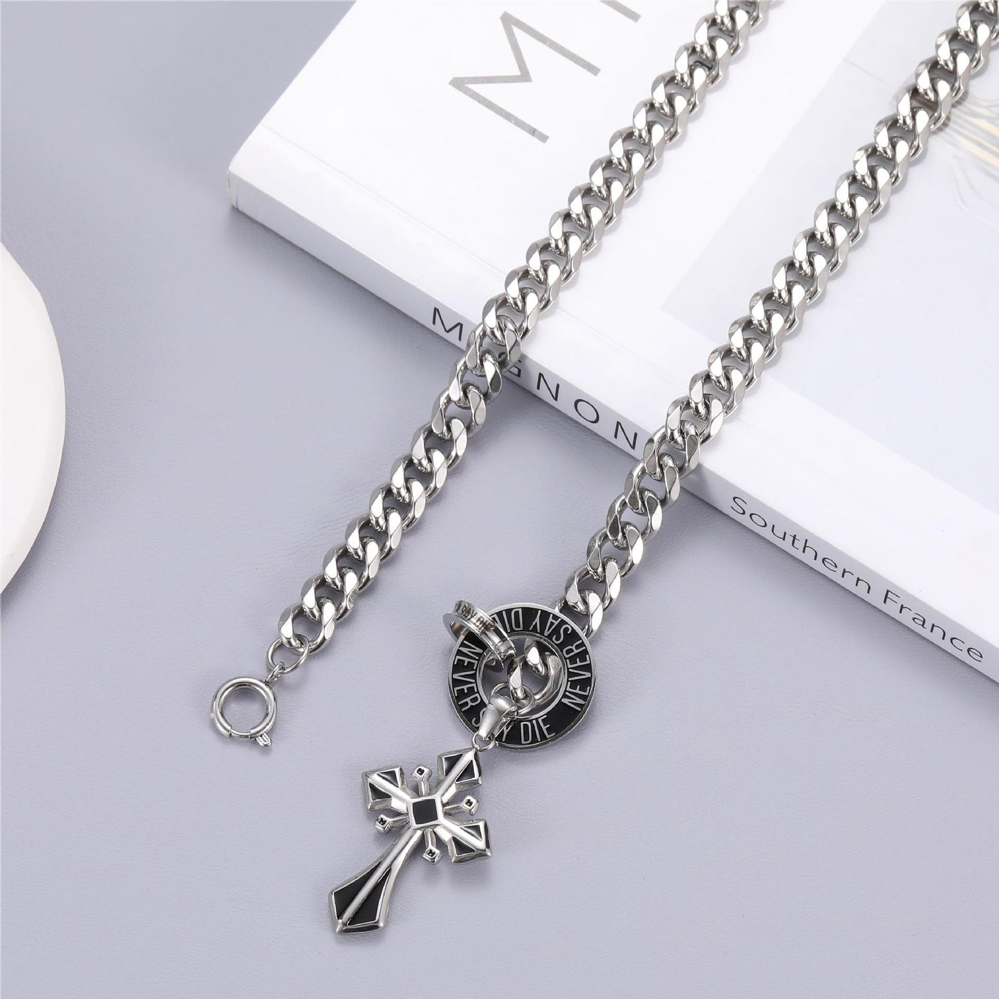 Planderful Jewelry Titanium Cross Necklace Men Cuban Link