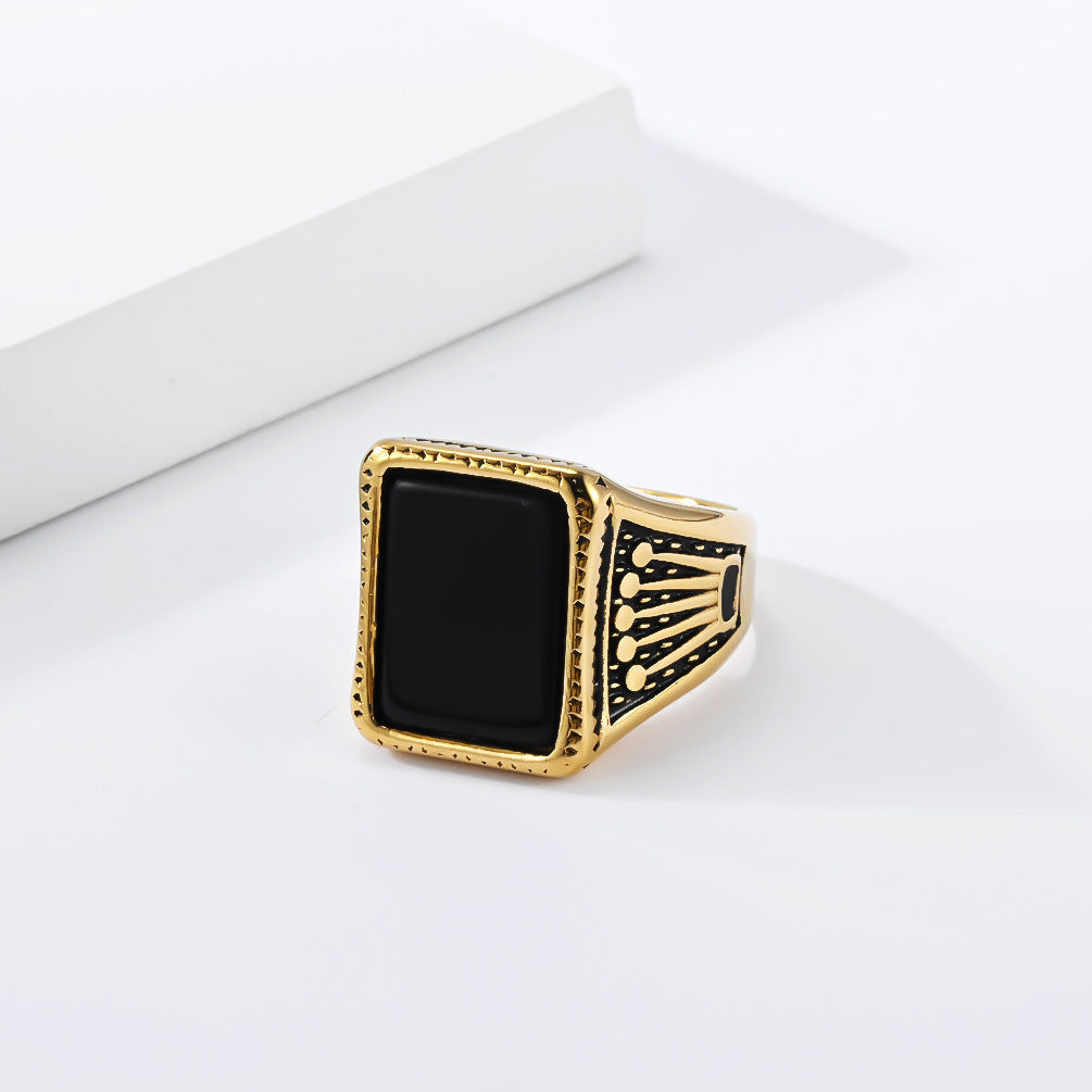Crown Men's Stainless Steel Ring Square Glass Gemstone Seal Stainless Steel Men's