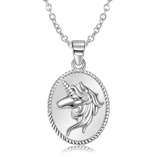 Unicorn Relief Oval Pendant Silver Necklace