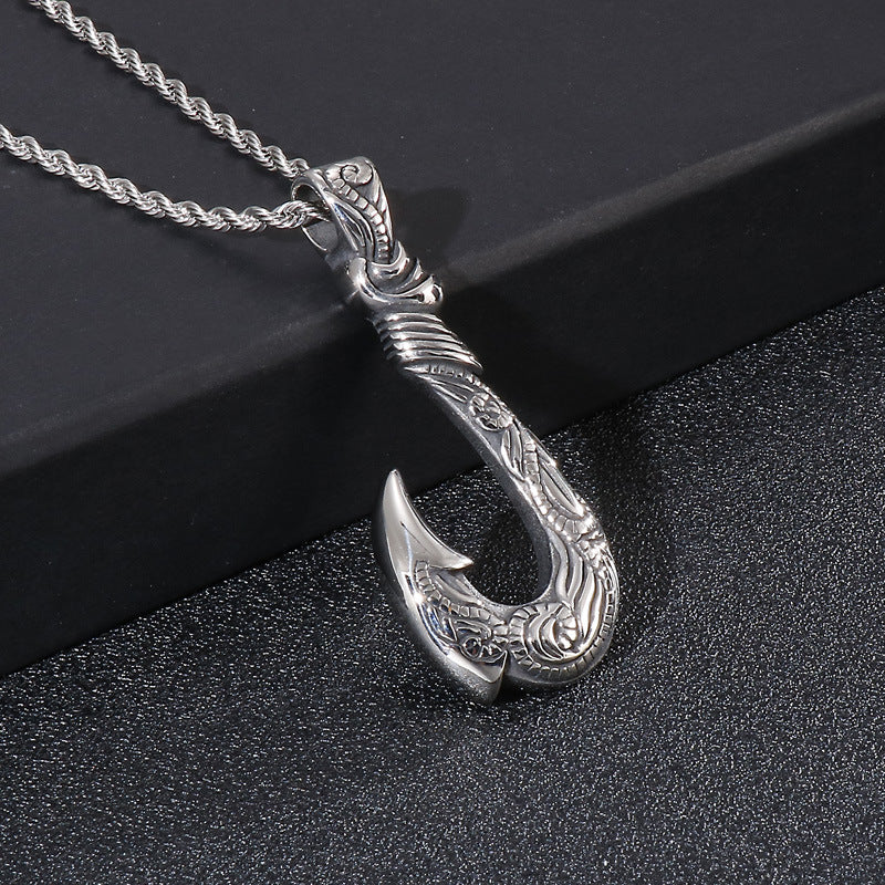 Stylish Retro Stainless Steel Fish Hook Pendant for Men - European and American Design