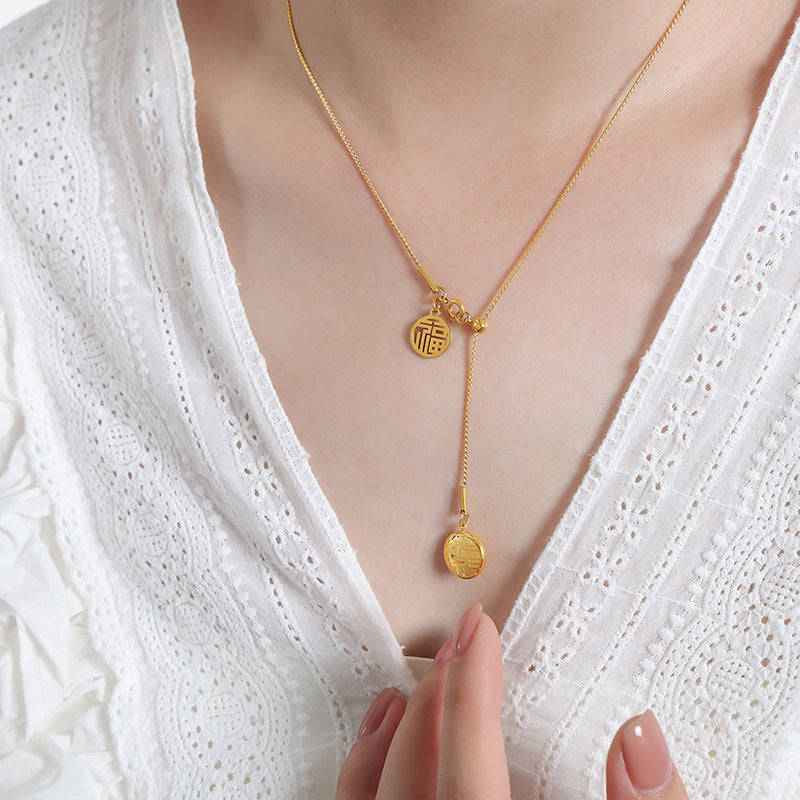 Lucky Character Pendant with Tassel - Festive Titanium Steel Necklace