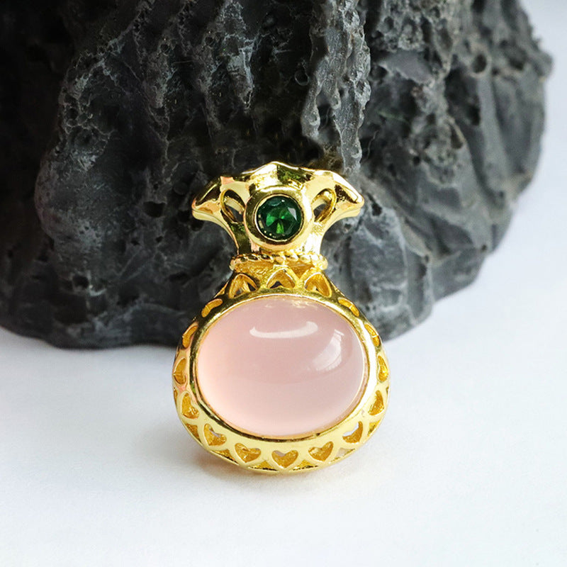 Pink Chalcedony Money Bag Necklace with Oval Pendant