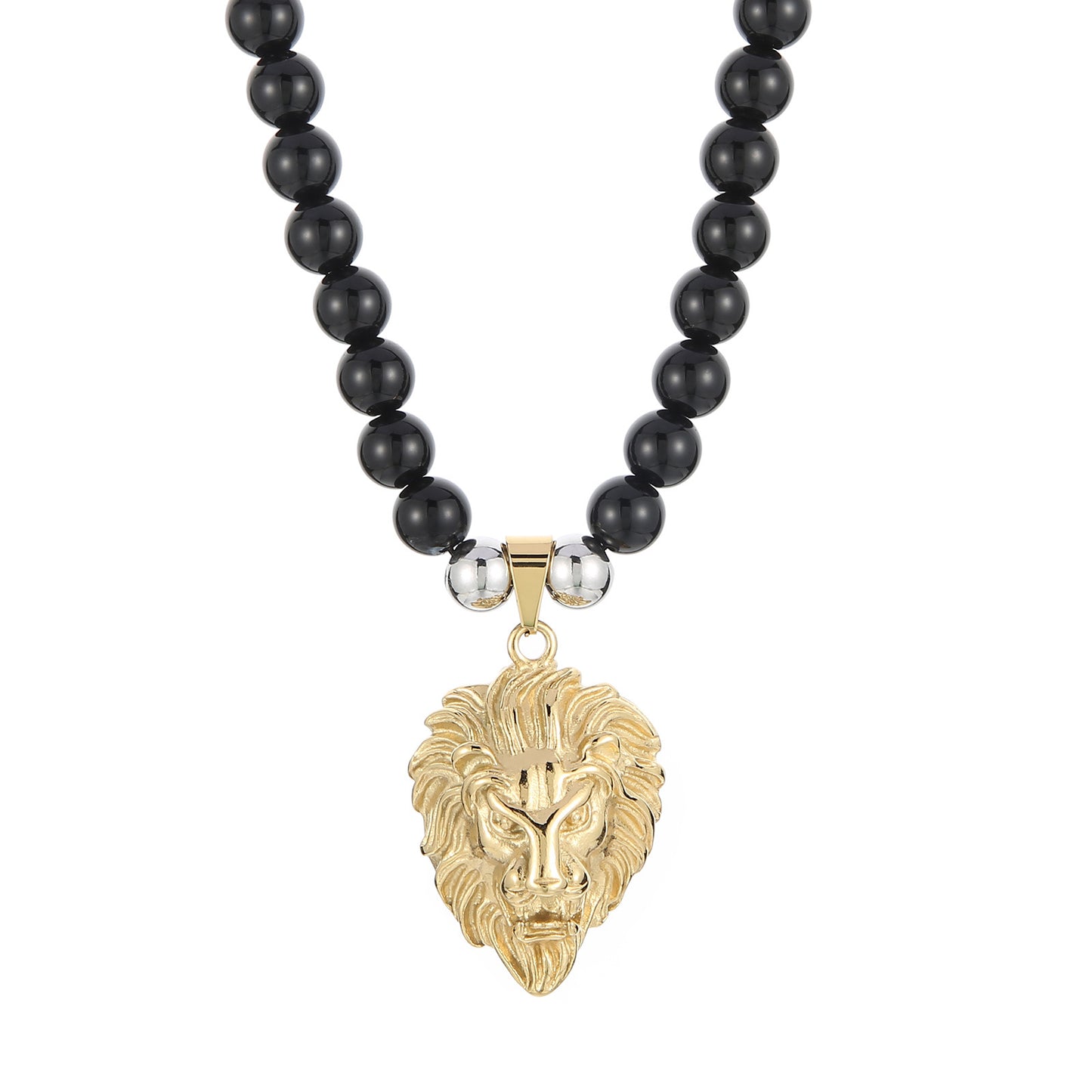 Retro Stainless Steel Men's Necklace with Black Agate Buddha Bead and Vacuum Electroplated Lion Head Pendant