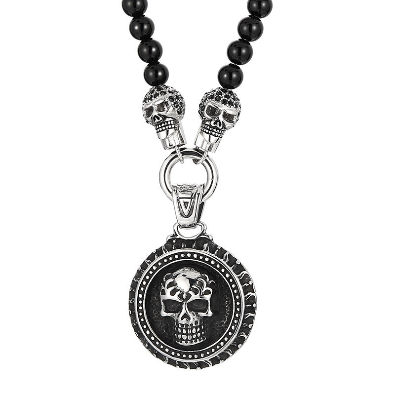Titanium Steel Skull Necklace with Dark Zircon-Studded Ghost Head Agate Beads for Men