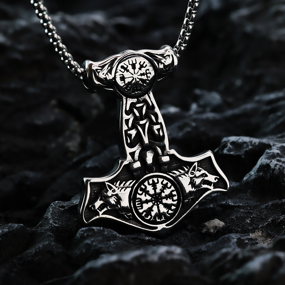 Planderful Viking Thor Hammer Necklace Double Sided Crow Wolf Compass Totem Pendant For Men