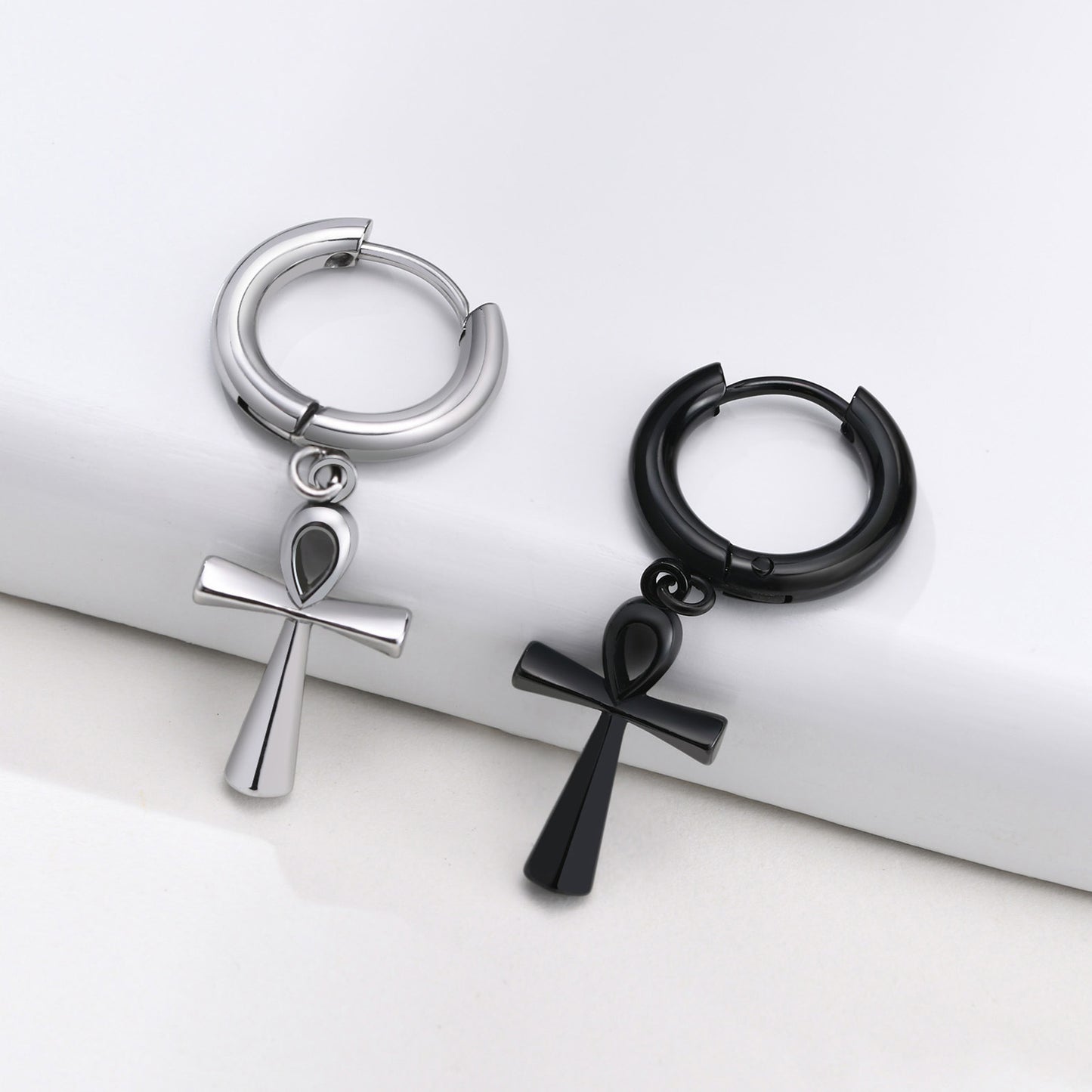 Stainless Steel Anka Cross Black Earrings Men's Fashion