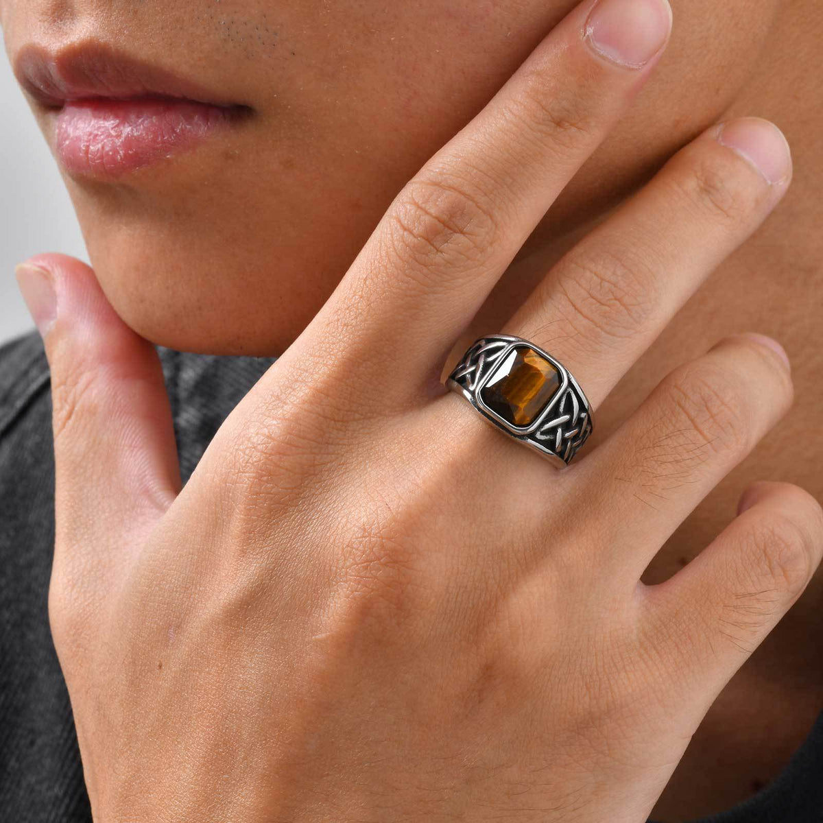 Stainless Steel Men's Finger Wrench Square Turquoise Natural Tiger's Eye Celtic Knot Ring