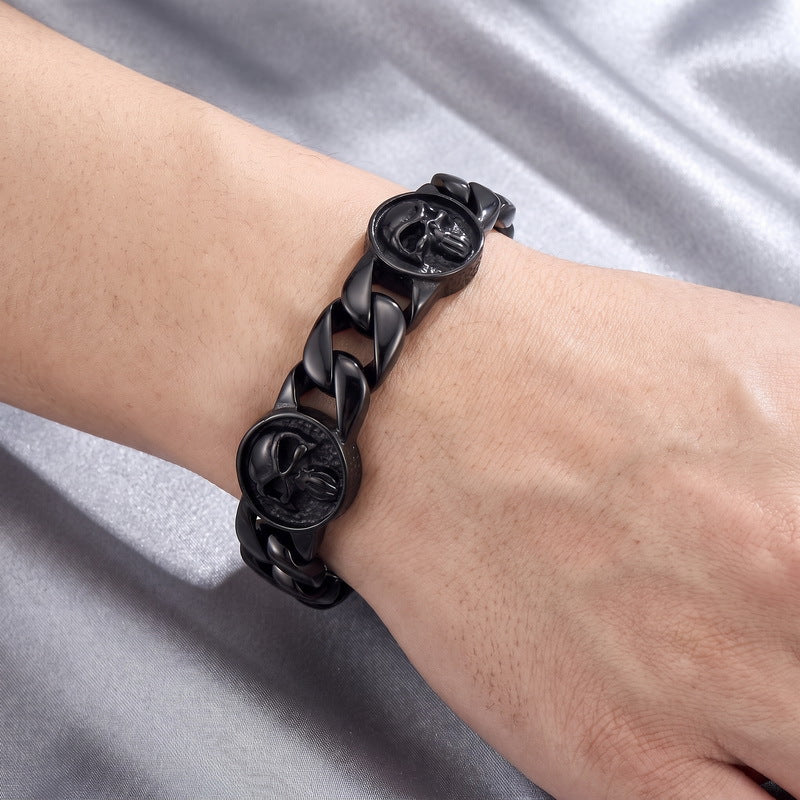 Dark Old 22mm Wide Cuban Chain Layered Skull Round Plate Stainless Steel Bracelet