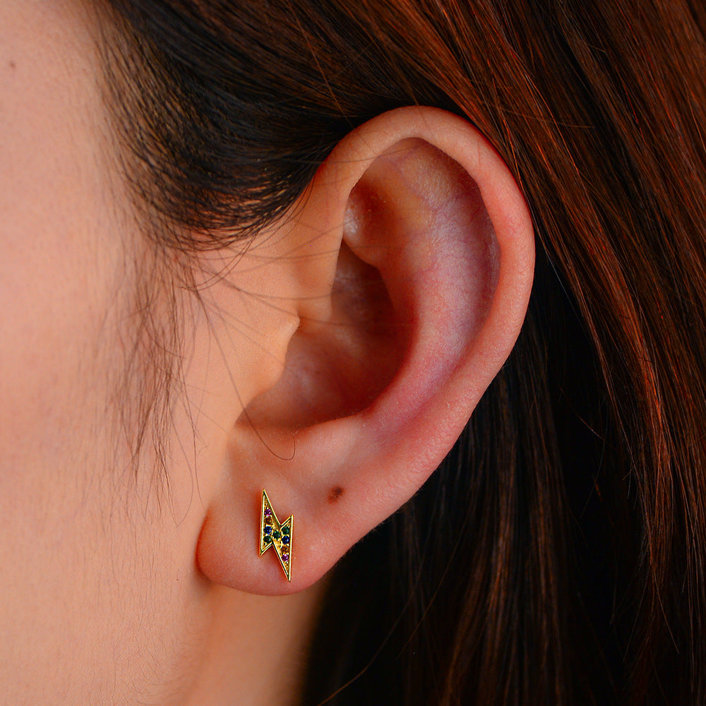 S925 Sterling Silver Micro-Inlaid Colored Zircon Stud Earrings Korean Version Geometric Lightning Earrings