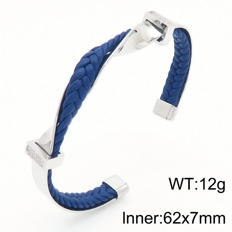 Stainless Steel Leather Bracelet – Titanium Steel Unisex Zircon-Inlaid Bracelet Open