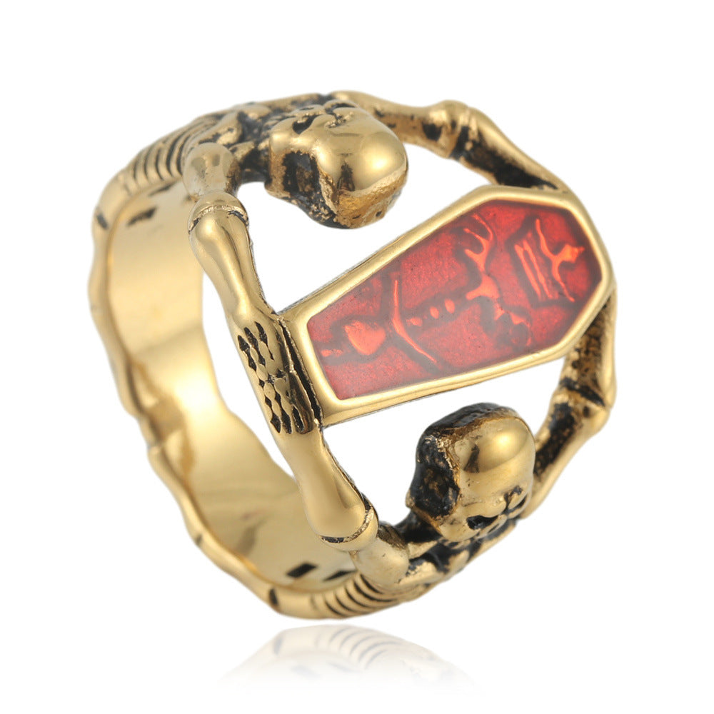 Titanium Steel Punk Skull Ring for Men - Retro Fortune Coffin Design