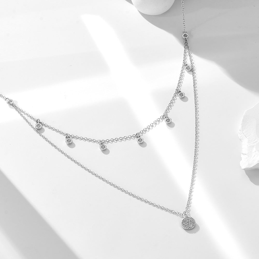 Wind 925 Sterling Silver Double-Layer Necklace Polka Dot Zircon Short