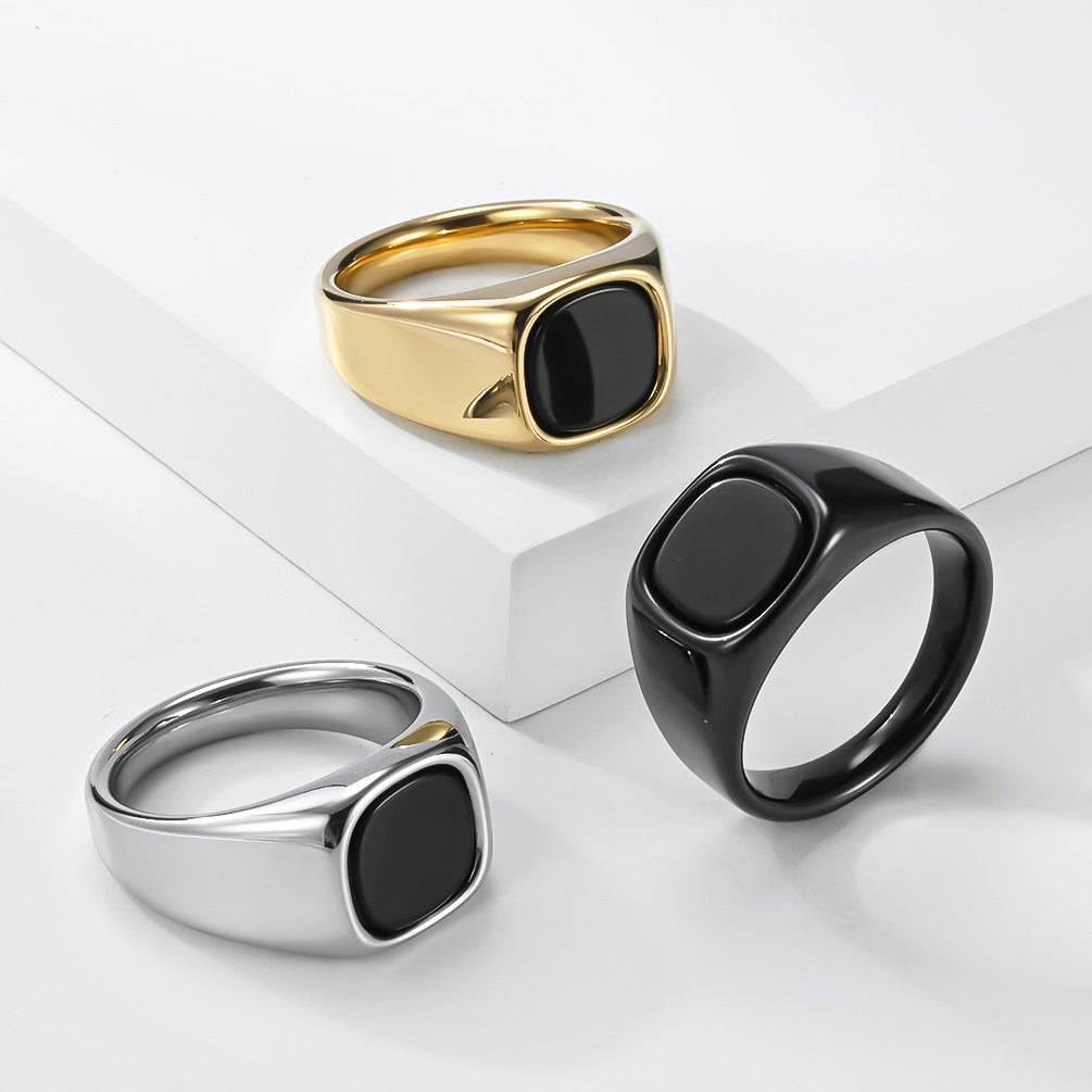Planderful Stainless Steel Ring Black Stone Detail Unisex Jewelry Bold Everyday Genie