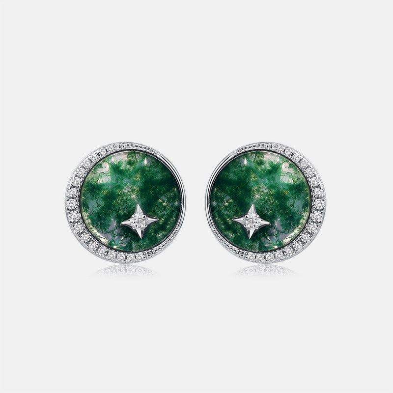 S925 Sterling Silver Moss Agate Minimalist Stud Earrings