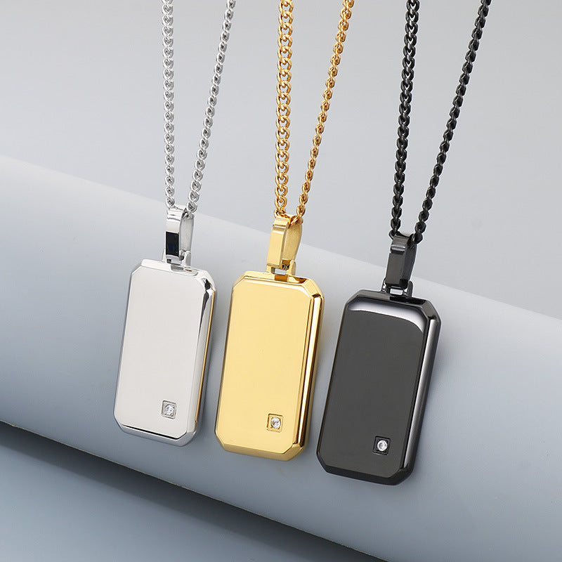 Minimalist Geometric Square Men's Zircon Necklace, Niche Stainless Steel Military Pendant