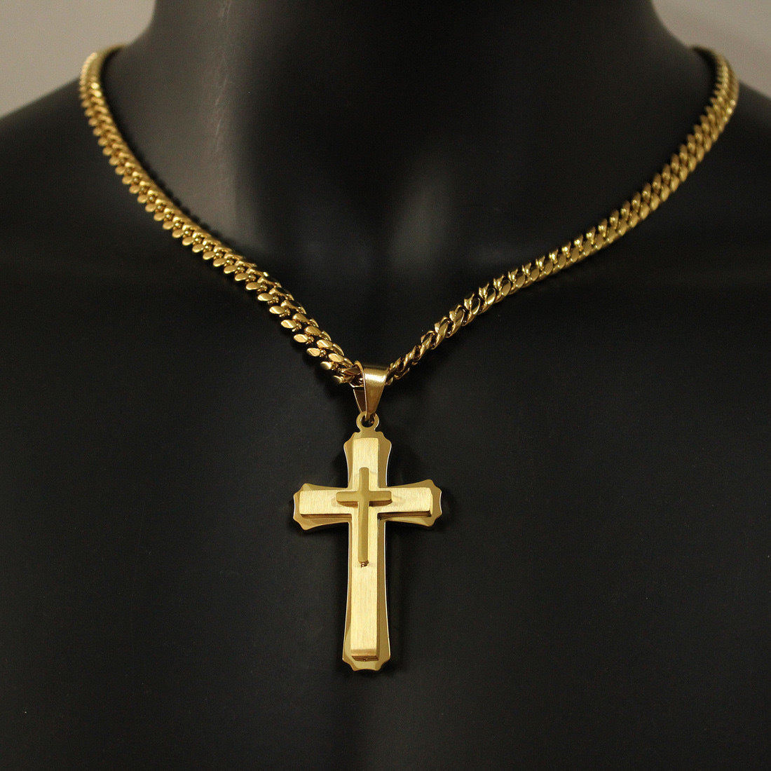 Planderful Three Layer Cross Pendant Necklace Stainless Steel Cuban Chain Unisex Gift