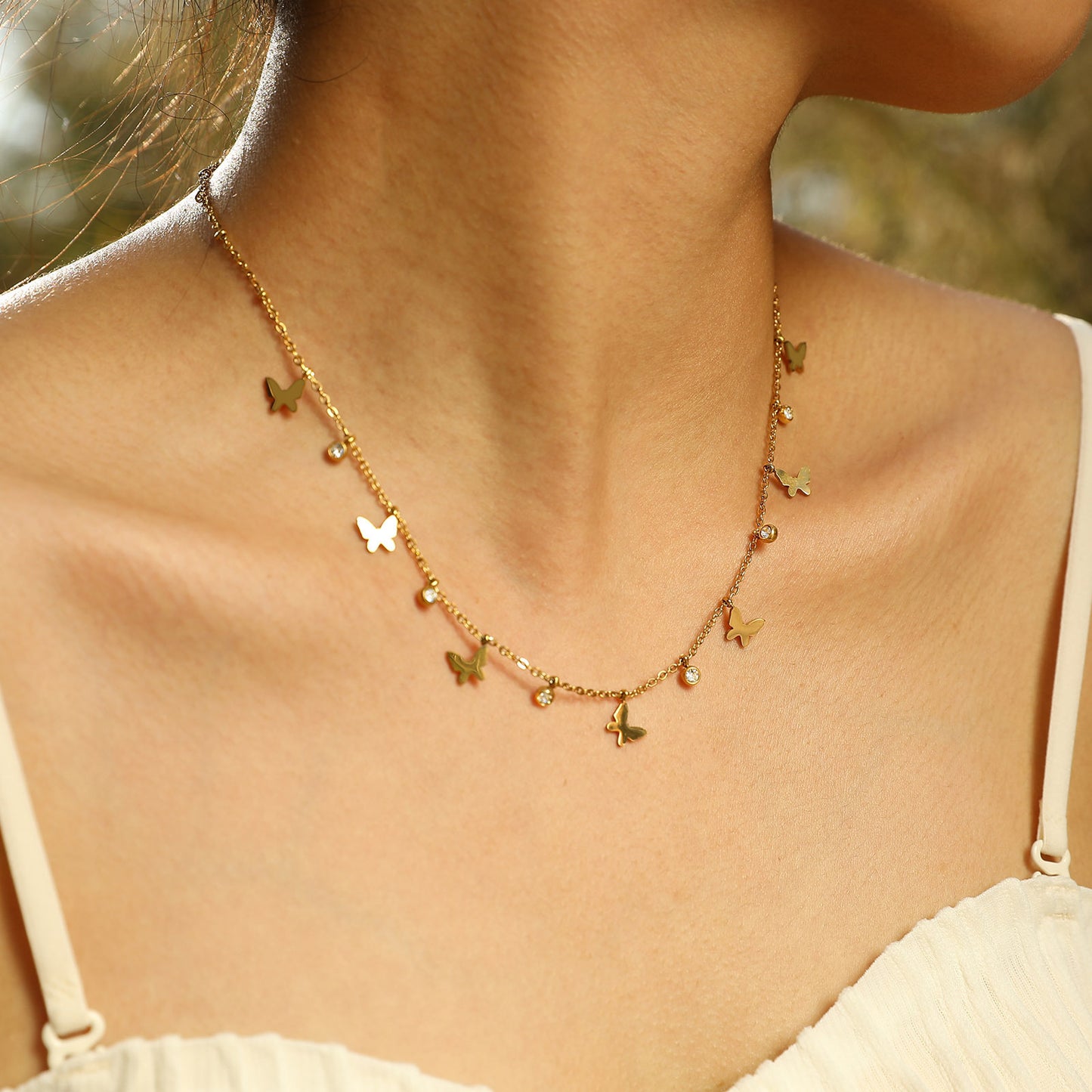 Stainless Steel Bead Chain Butterfly Star Zircon Necklace 18K Gold Wholesale