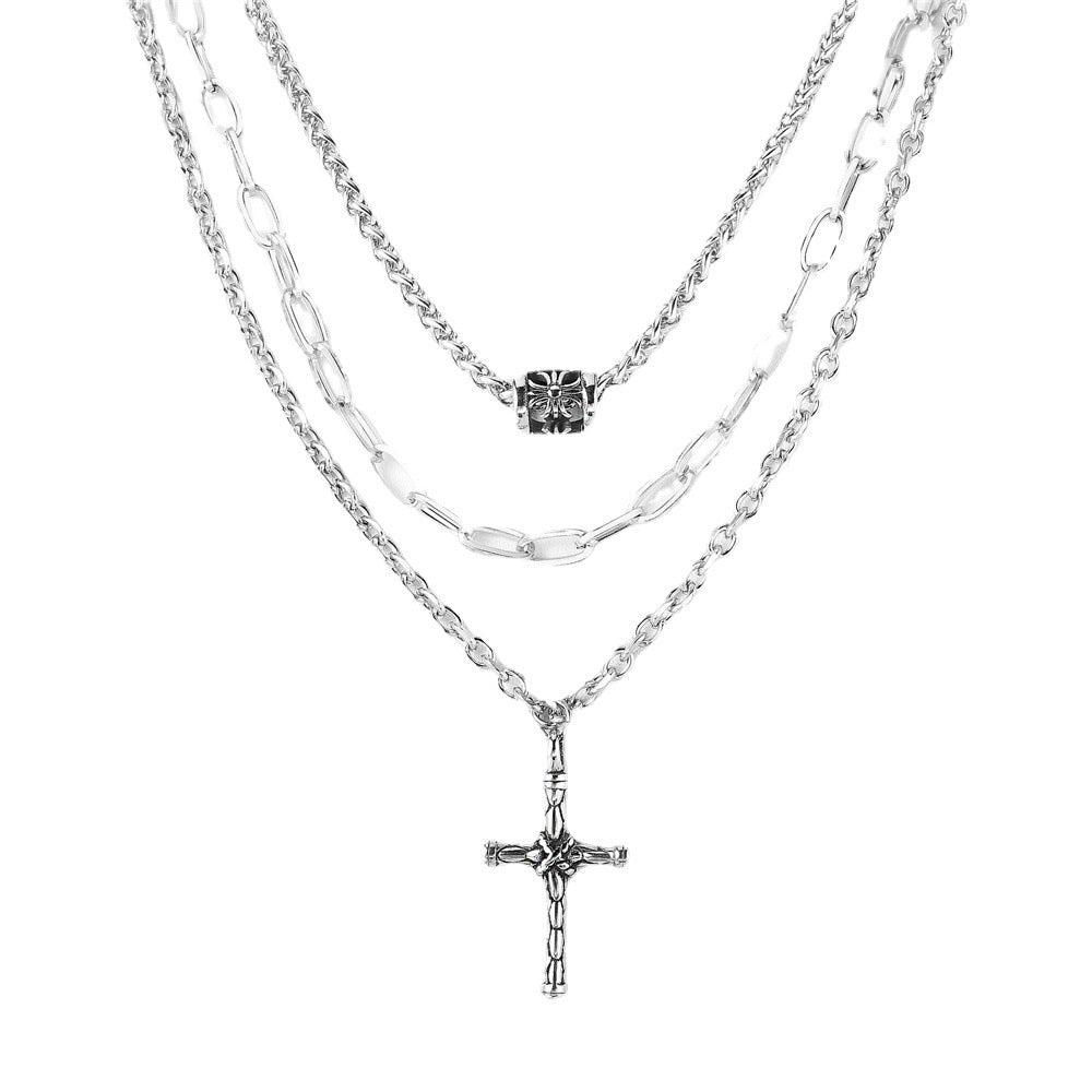 Planderful Punk Cross Necklace For Unisex Multi Layer Retro Rock Steel Pendant Bold Statement