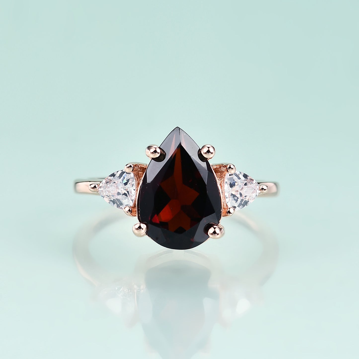 Pear Shape Natural Garnet Rose Gold Silver Ring