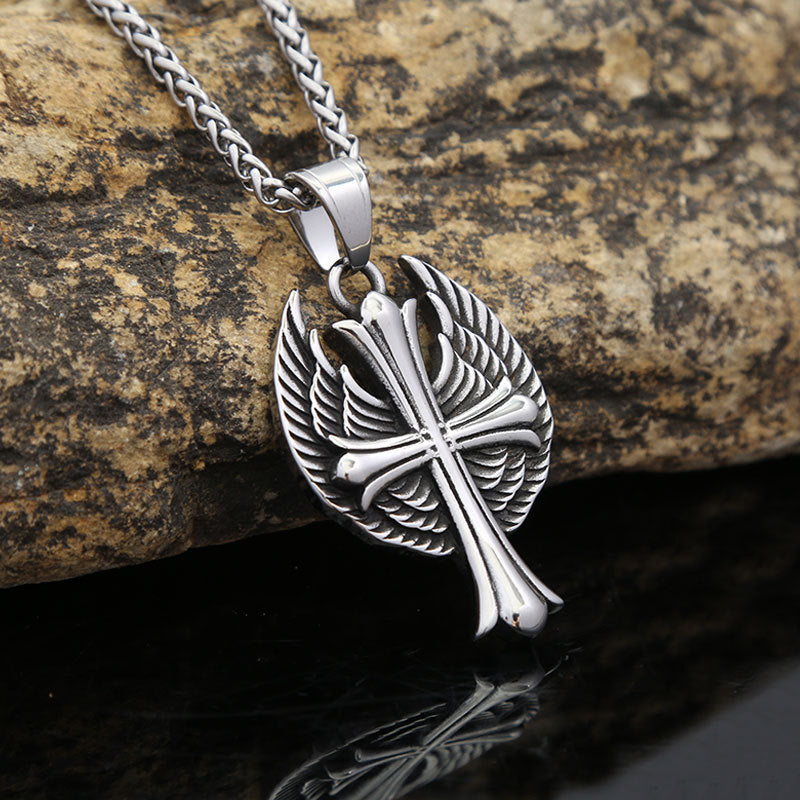 European and American Titanium Steel Necklace Retro Wing Cross Pendant for Men