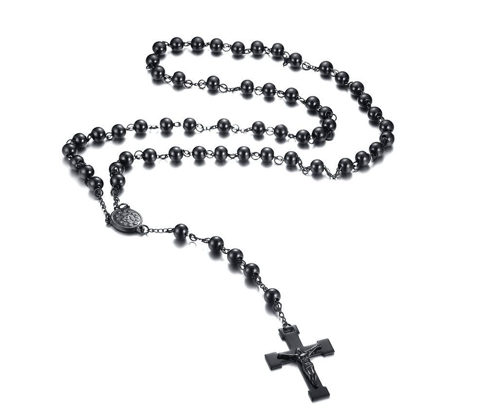 Cross-Border Wholesale Stainless Steel Cross Rosary Necklace
