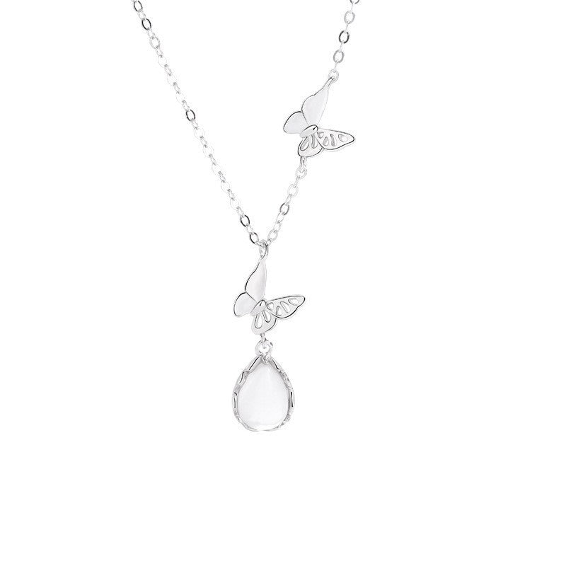 S925 Sterling Silver Natural Chalcedony Butterfly Necklace
