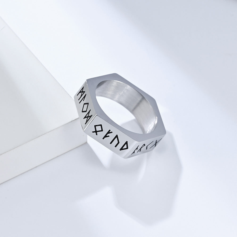 Planderful Everyday Genie Stainless Steel Ring With Hexagonal Niche And Pirate Viking Text For Hipster Vibe