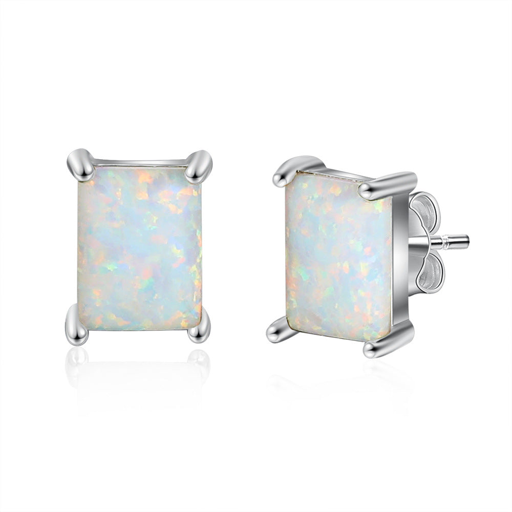 Planderful Jewelry Opal Stud Earrings With Four Prong Rectangle Setting In Sterling Silver