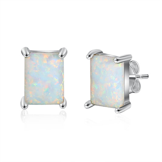 Planderful Jewelry Opal Stud Earrings With Four Prong Rectangle Setting In Sterling Silver
