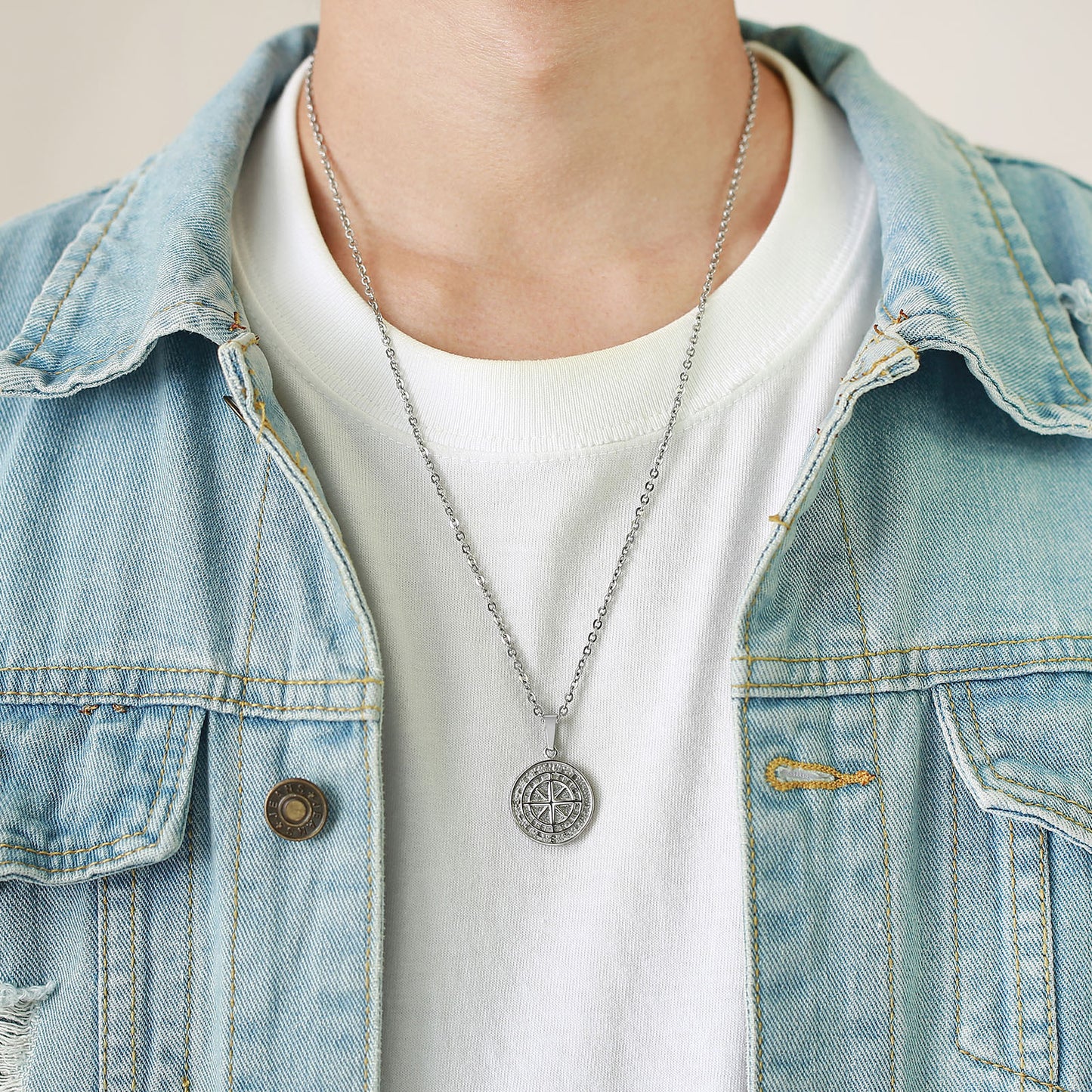 Stainless Steel Compass Pendant Gold Coin Compass Necklace