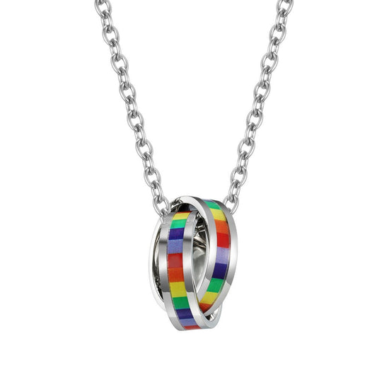 Planderful Vibrant Rainbow Flag Necklace Titanium Steel Six Color Double Ring Niche Design For Pride Jewelry Lovers
