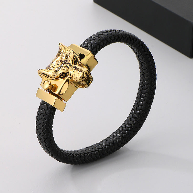 Planderful Mens Leather Wolf Head Bracelet Punk Style