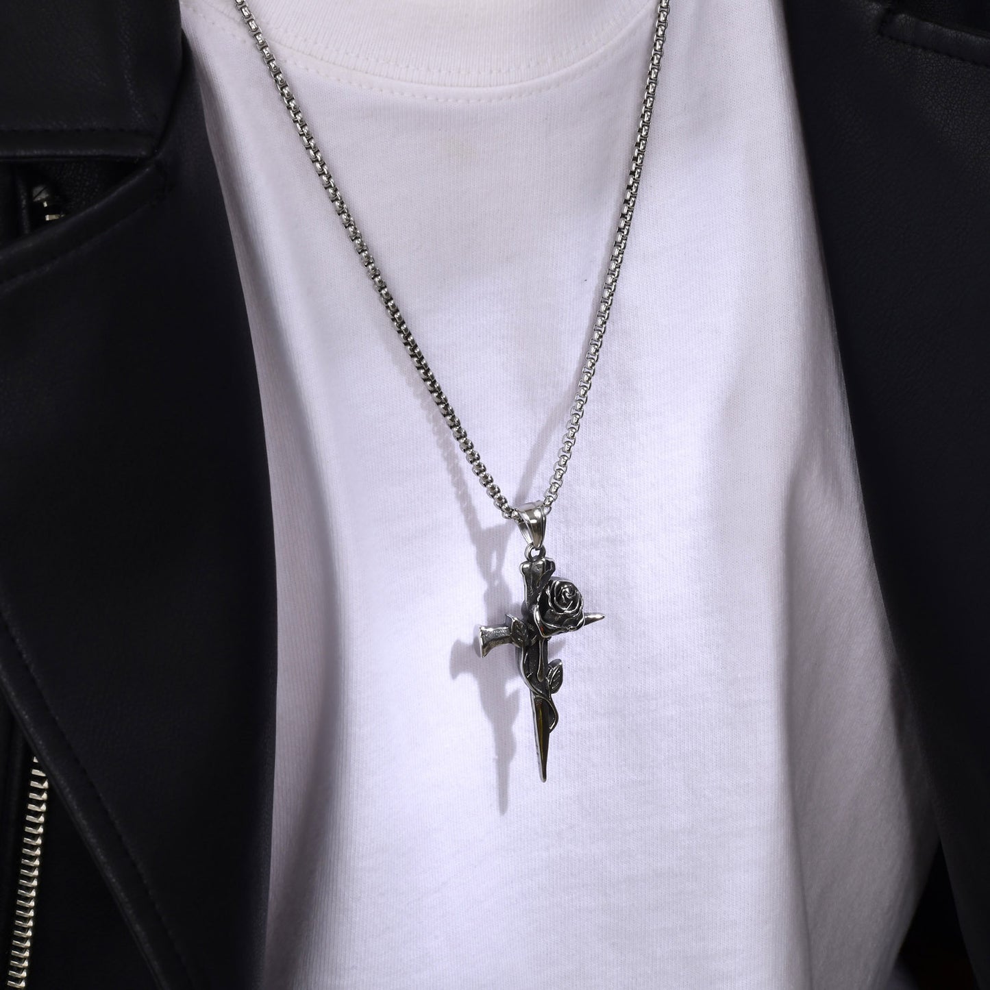 Stainless Steel Rose Retro Style Cross Pendant Necklace for Men