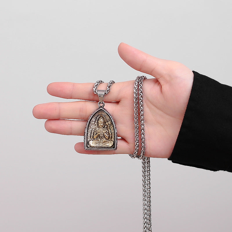 Steel Necklace – Elegant Chinese Buddha Amulet Pendant With Eight Guardian Deities