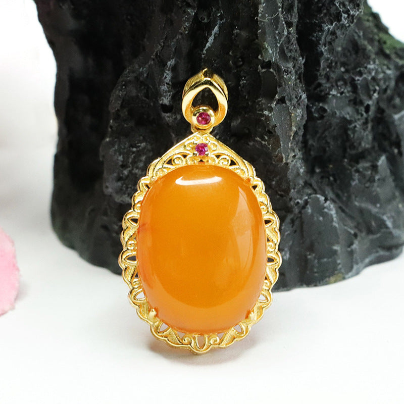 Sterling Silver Oval Honey Wax Amber Pendant Necklace