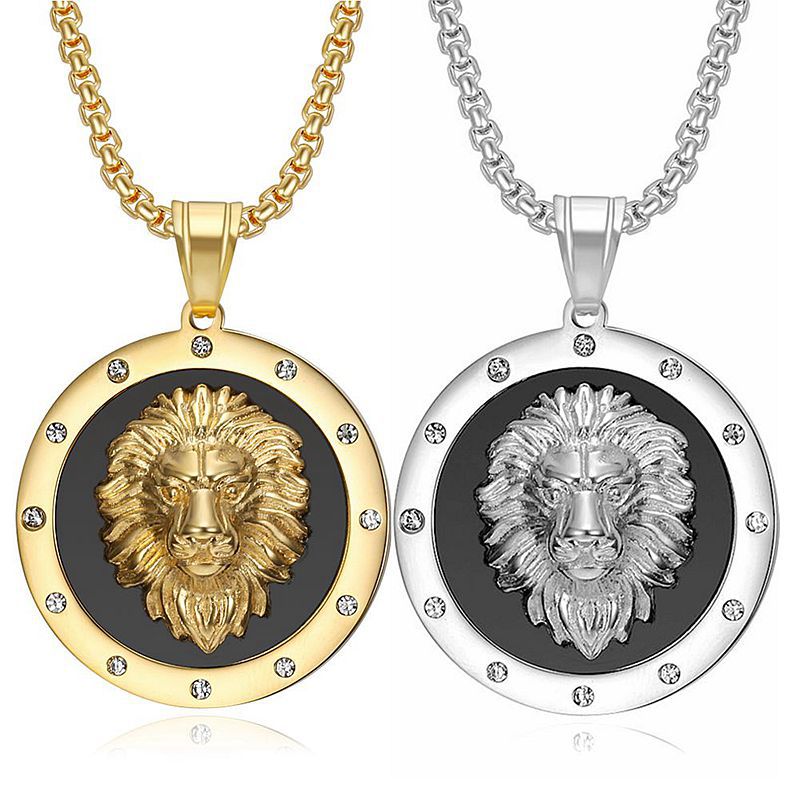 Planderful Lion Head Pendant Necklace Stainless Steel Gold Plated Rhinestone Hip Hop Jewelry For Men And Women