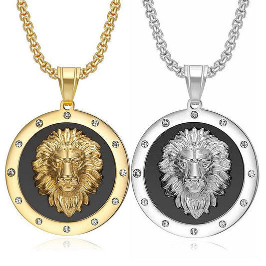 Planderful Lion Head Pendant Necklace Stainless Steel Gold Plated Rhinestone Hip Hop Jewelry For Men And Women