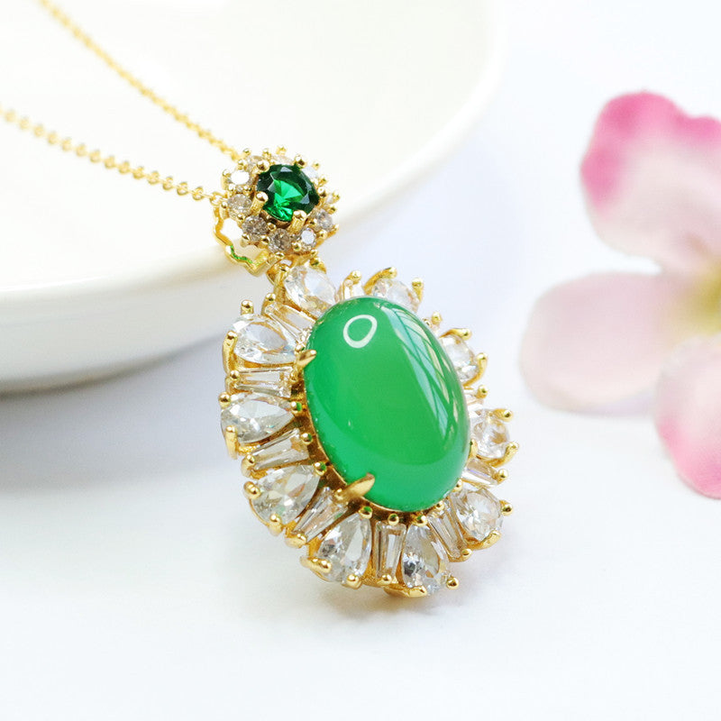 Rich Zircon Necklace with Natural Green Chalcedony Pendant