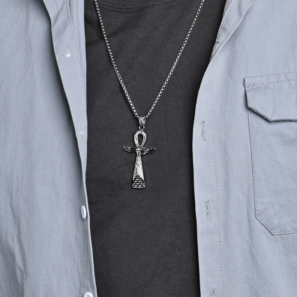 Planderful Ankh Cross Necklace for Men Durable Titanium Steel Retro Literary Egyptian Pendant Hipster Accessory