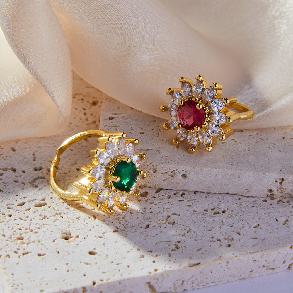 Korean Geometric Flower Zircon Copper Open Ring