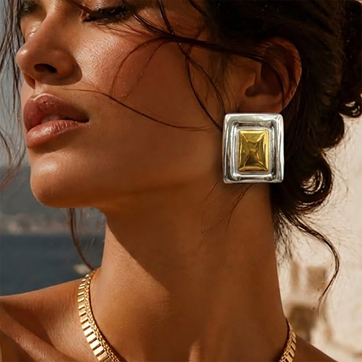 Planderful Vienna Verve Two Tone Stainless Steel Earrings Minimalist Square Statement Unisex Everyday Wear